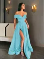 A-line Off-the-Shoulder Sleeveless Sweep Train Balanced Satin Prom Dress With Pockets Slit
