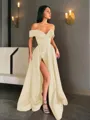 A-line Off-the-Shoulder Sleeveless Sweep Train Balanced Satin Prom Dress With Pockets Slit