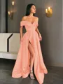 A-line Off-the-Shoulder Sleeveless Sweep Train Balanced Satin Prom Dress With Pockets Slit