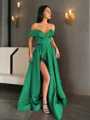 A-line Off-the-Shoulder Sleeveless Sweep Train Balanced Satin Prom Dress With Pockets Slit