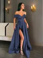 A-line Off-the-Shoulder Sleeveless Sweep Train Balanced Satin Prom Dress With Pockets Slit