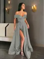 A-line Off-the-Shoulder Sleeveless Sweep Train Balanced Satin Prom Dress With Pockets Slit