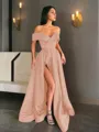 A-line Off-the-Shoulder Sleeveless Sweep Train Balanced Satin Prom Dress With Pockets Slit