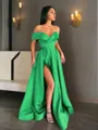 A-line Off-the-Shoulder Sleeveless Sweep Train Balanced Satin Prom Dress With Pockets Slit