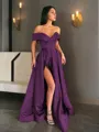 A-line Off-the-Shoulder Sleeveless Sweep Train Balanced Satin Prom Dress With Pockets Slit