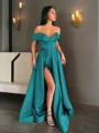 A-line Off-the-Shoulder Sleeveless Sweep Train Balanced Satin Prom Dress With Pockets Slit