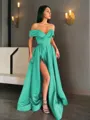 A-line Off-the-Shoulder Sleeveless Sweep Train Balanced Satin Prom Dress With Pockets Slit