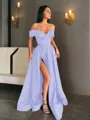 A-line Off-the-Shoulder Sleeveless Sweep Train Balanced Satin Prom Dress With Pockets Slit
