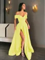 A-line Off-the-Shoulder Sleeveless Sweep Train Balanced Satin Prom Dress With Pockets Slit