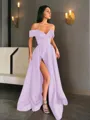 A-line Off-the-Shoulder Sleeveless Sweep Train Balanced Satin Prom Dress With Pockets Slit