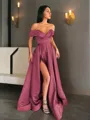 A-line Off-the-Shoulder Sleeveless Sweep Train Balanced Satin Prom Dress With Pockets Slit