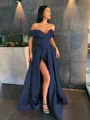 A-line Off-the-Shoulder Sleeveless Sweep Train Balanced Satin Prom Dress With Pockets Slit