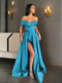 A-line Off-the-Shoulder Sleeveless Sweep Train Balanced Satin Prom Dress With Pockets Slit