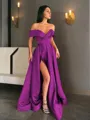 A-line Off-the-Shoulder Sleeveless Sweep Train Balanced Satin Prom Dress With Pockets Slit