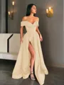 A-line Off-the-Shoulder Sleeveless Sweep Train Balanced Satin Prom Dress With Pockets Slit