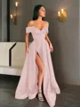 A-line Off-the-Shoulder Sleeveless Sweep Train Balanced Satin Prom Dress With Pockets Slit