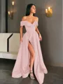A-line Off-the-Shoulder Sleeveless Sweep Train Balanced Satin Prom Dress With Pockets Slit