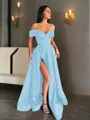 A-line Off-the-Shoulder Sleeveless Sweep Train Balanced Satin Prom Dress With Pockets Slit