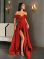 A-line Off-the-Shoulder Sleeveless Sweep Train Balanced Satin Prom Dress With Pockets Slit