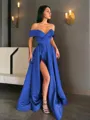 A-line Off-the-Shoulder Sleeveless Sweep Train Balanced Satin Prom Dress With Pockets Slit