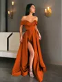 A-line Off-the-Shoulder Sleeveless Sweep Train Balanced Satin Prom Dress With Pockets Slit