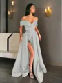A-line Off-the-Shoulder Sleeveless Sweep Train Balanced Satin Prom Dress With Pockets Slit