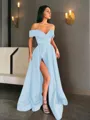 A-line Off-the-Shoulder Sleeveless Sweep Train Balanced Satin Prom Dress With Pockets Slit