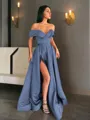 A-line Off-the-Shoulder Sleeveless Sweep Train Balanced Satin Prom Dress With Pockets Slit