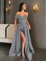 A-line Off-the-Shoulder Sleeveless Sweep Train Balanced Satin Prom Dress With Pockets Slit