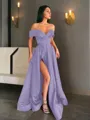 A-line Off-the-Shoulder Sleeveless Sweep Train Balanced Satin Prom Dress With Pockets Slit