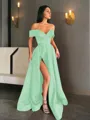 A-line Off-the-Shoulder Sleeveless Sweep Train Balanced Satin Prom Dress With Pockets Slit