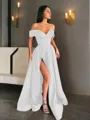 A-line Off-the-Shoulder Sleeveless Sweep Train Balanced Satin Prom Dress With Pockets Slit
