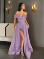 A-line Off-the-Shoulder Sleeveless Sweep Train Balanced Satin Prom Dress With Pockets Slit