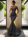 Trumpet/Mermaid V-Neck Sleeveless Sweep Train Flair Silk like Satin Corset Prom Dress