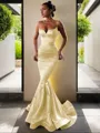 Trumpet/Mermaid V-Neck Sleeveless Sweep Train Flair Silk like Satin Corset Prom Dress