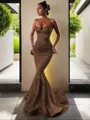 Trumpet/Mermaid V-Neck Sleeveless Sweep Train Flair Silk like Satin Corset Prom Dress