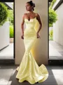 Trumpet/Mermaid V-Neck Sleeveless Sweep Train Flair Silk like Satin Corset Prom Dress