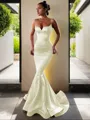 Trumpet/Mermaid V-Neck Sleeveless Sweep Train Flair Silk like Satin Corset Prom Dress