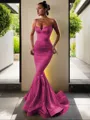 Trumpet/Mermaid V-Neck Sleeveless Sweep Train Flair Silk like Satin Corset Prom Dress