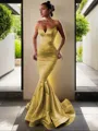 Trumpet/Mermaid V-Neck Sleeveless Sweep Train Flair Silk like Satin Corset Prom Dress
