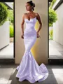 Trumpet/Mermaid V-Neck Sleeveless Sweep Train Flair Silk like Satin Corset Prom Dress