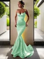 Trumpet/Mermaid V-Neck Sleeveless Sweep Train Flair Silk like Satin Corset Prom Dress