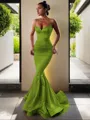 Trumpet/Mermaid V-Neck Sleeveless Sweep Train Flair Silk like Satin Corset Prom Dress