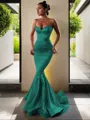 Trumpet/Mermaid V-Neck Sleeveless Sweep Train Flair Silk like Satin Corset Prom Dress