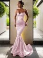 Trumpet/Mermaid V-Neck Sleeveless Sweep Train Flair Silk like Satin Corset Prom Dress