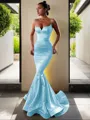 Trumpet/Mermaid V-Neck Sleeveless Sweep Train Flair Silk like Satin Corset Prom Dress
