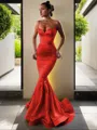 Trumpet/Mermaid V-Neck Sleeveless Sweep Train Flair Silk like Satin Corset Prom Dress