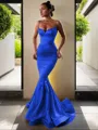 Trumpet/Mermaid V-Neck Sleeveless Sweep Train Flair Silk like Satin Corset Prom Dress