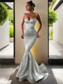 Trumpet/Mermaid V-Neck Sleeveless Sweep Train Flair Silk like Satin Corset Prom Dress