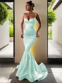 Trumpet/Mermaid V-Neck Sleeveless Sweep Train Flair Silk like Satin Corset Prom Dress